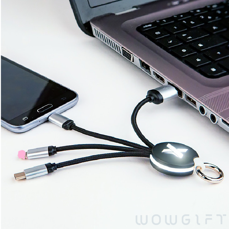 客製發光充電鑰匙圈．三合一充電線
